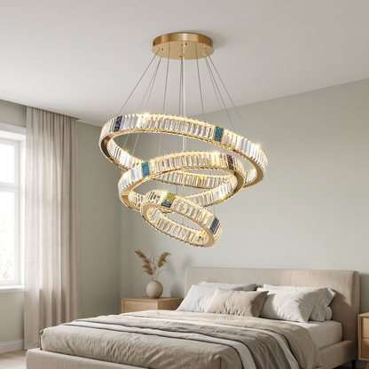 Luxury crystal chandelier in a serene modern bedroom