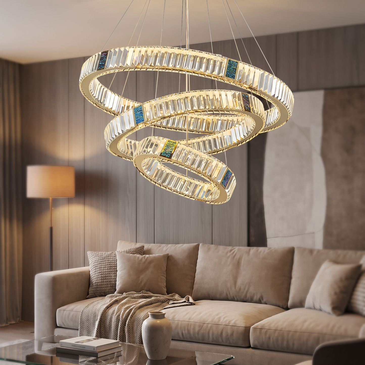 Luxury crystal chandelier in a contemporary living room at evening