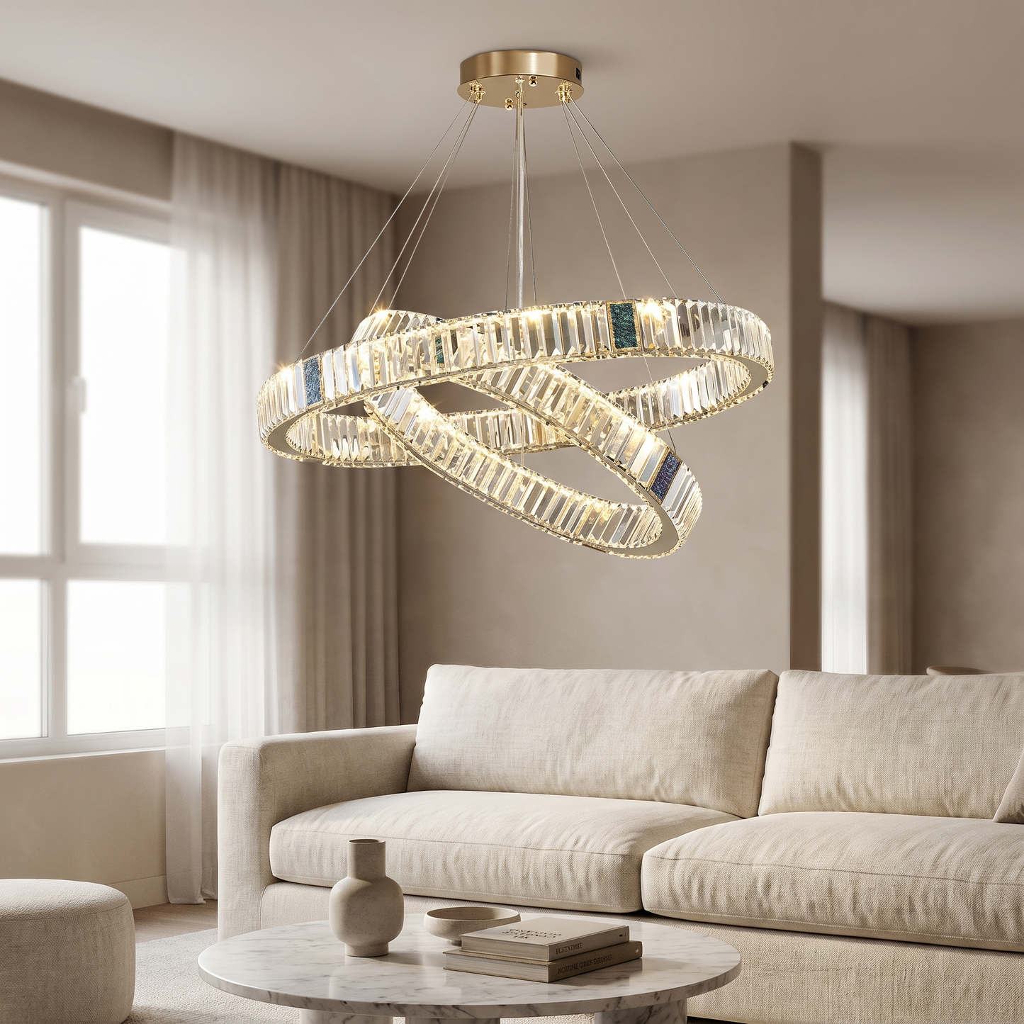 Style 6 chandelier lit in a modern living room seating area