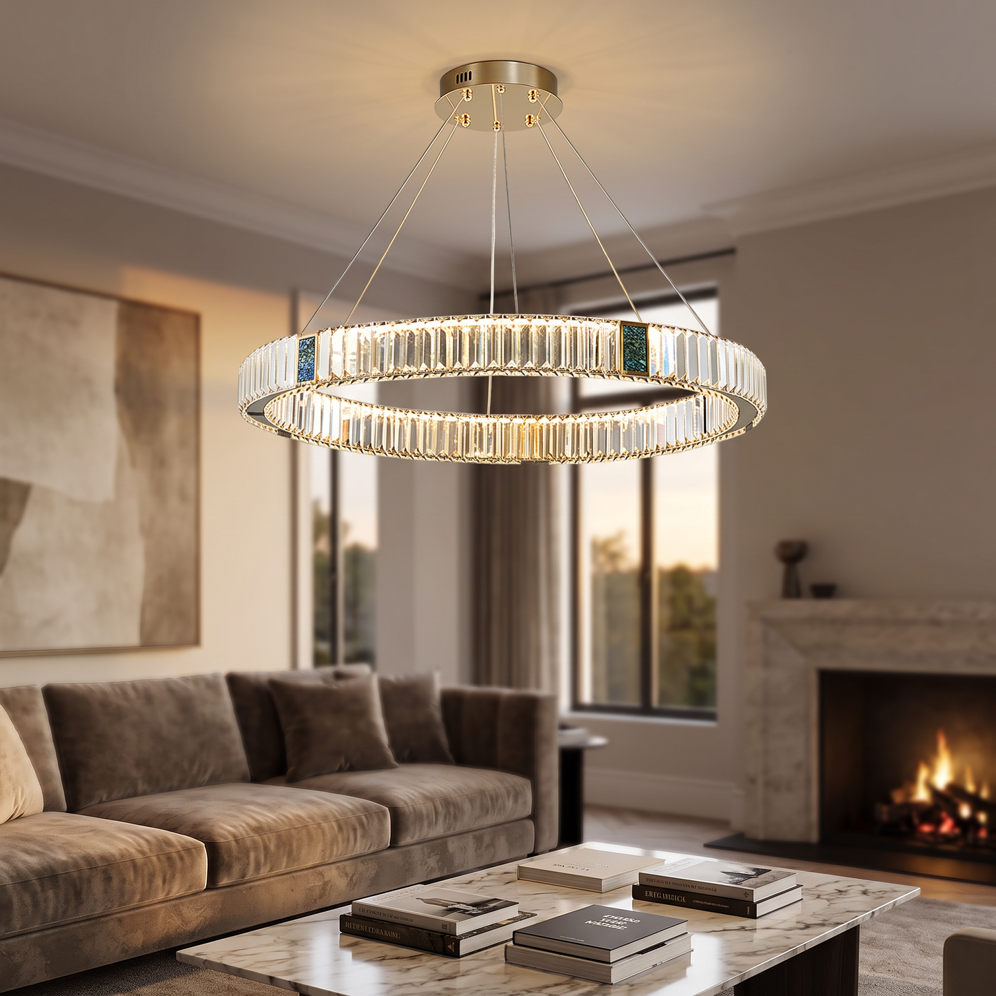 Style 2 chandelier lit in an elegant living room