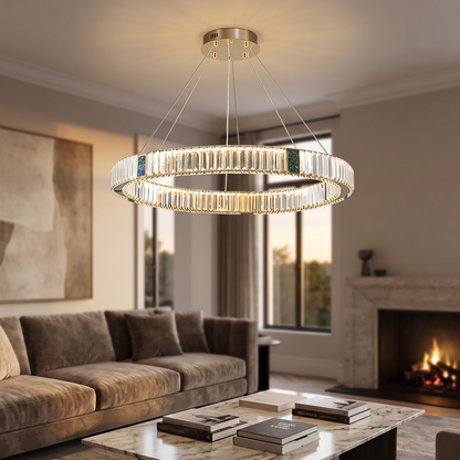 Style 2 chandelier lit in an elegant living room