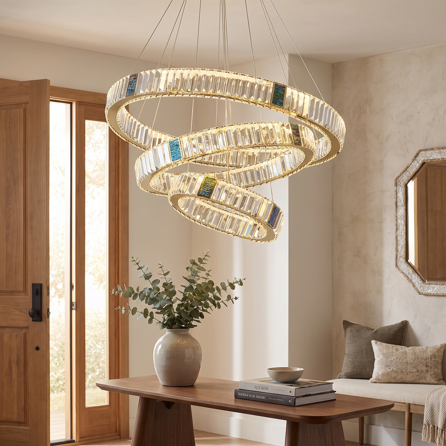 Style 9 chandelier lit in a welcoming entryway