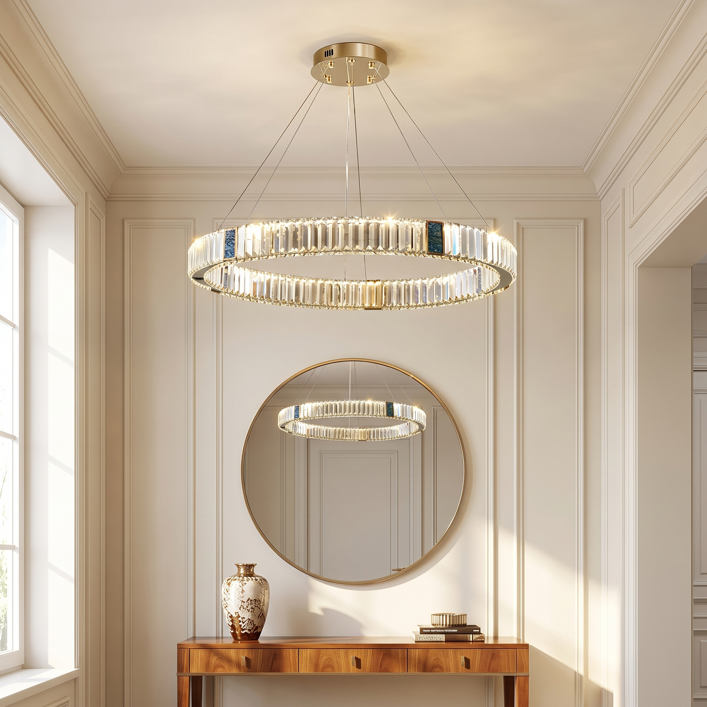 Style 4 light fixture lit in a refined entry hallway