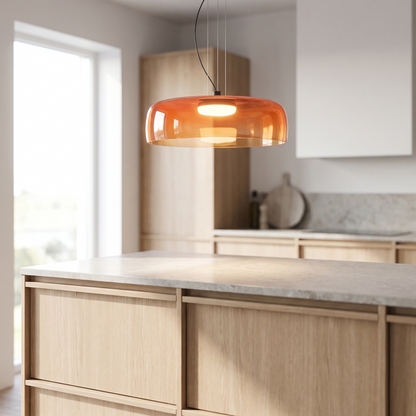 Nordic glass pendant light above a kitchen island