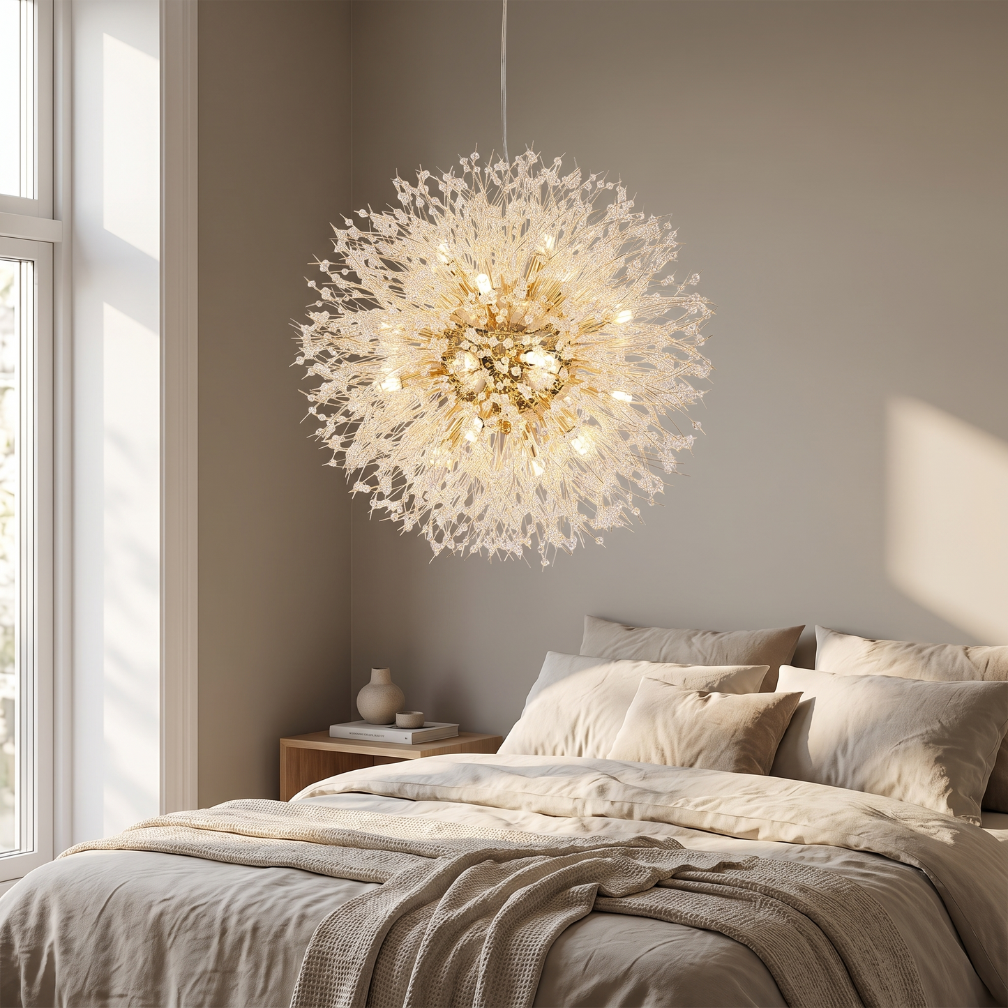 Dandelion crystal chandelier in a serene modern bedroom