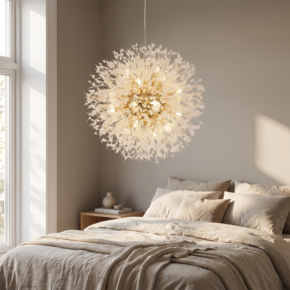 Dandelion crystal chandelier in a serene modern bedroom