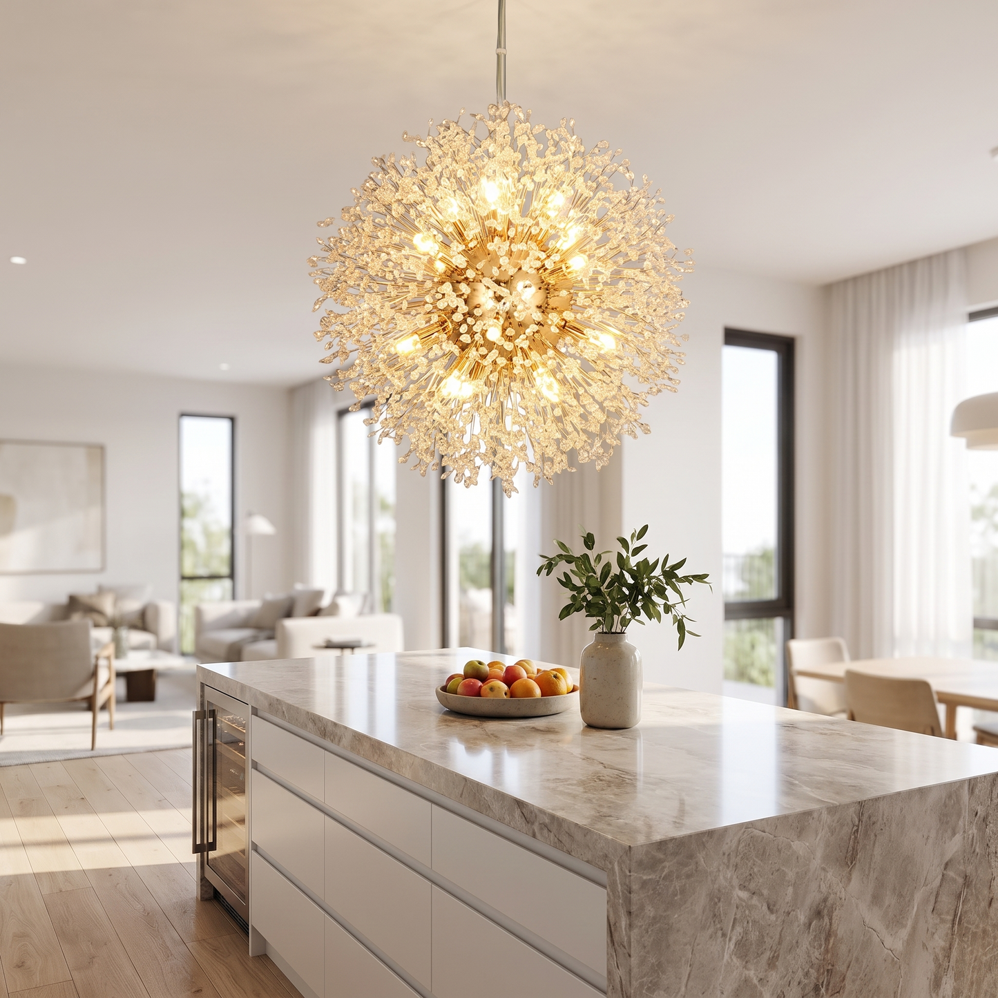 Dandelion crystal chandelier above a kitchen island