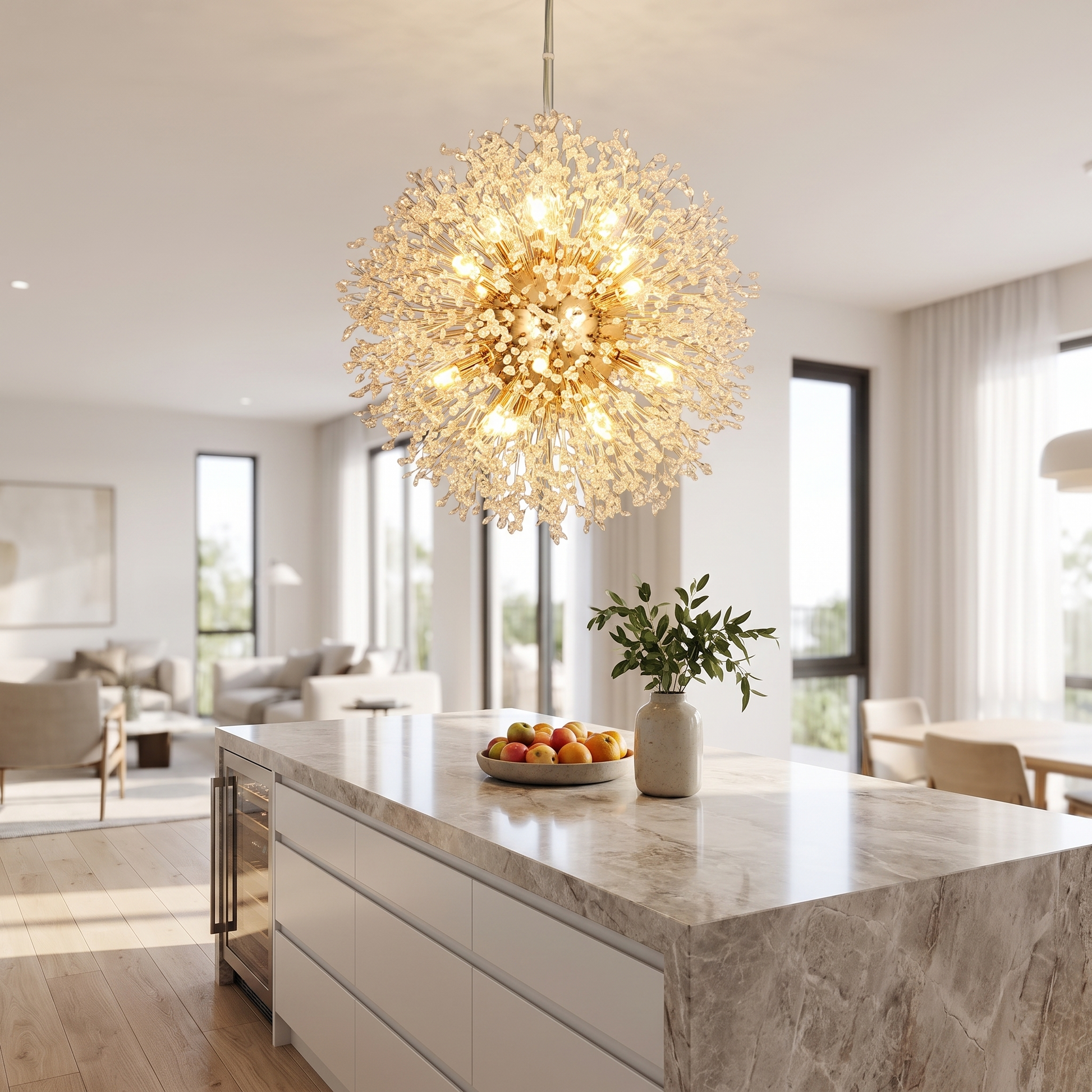 Dandelion crystal chandelier above a kitchen island