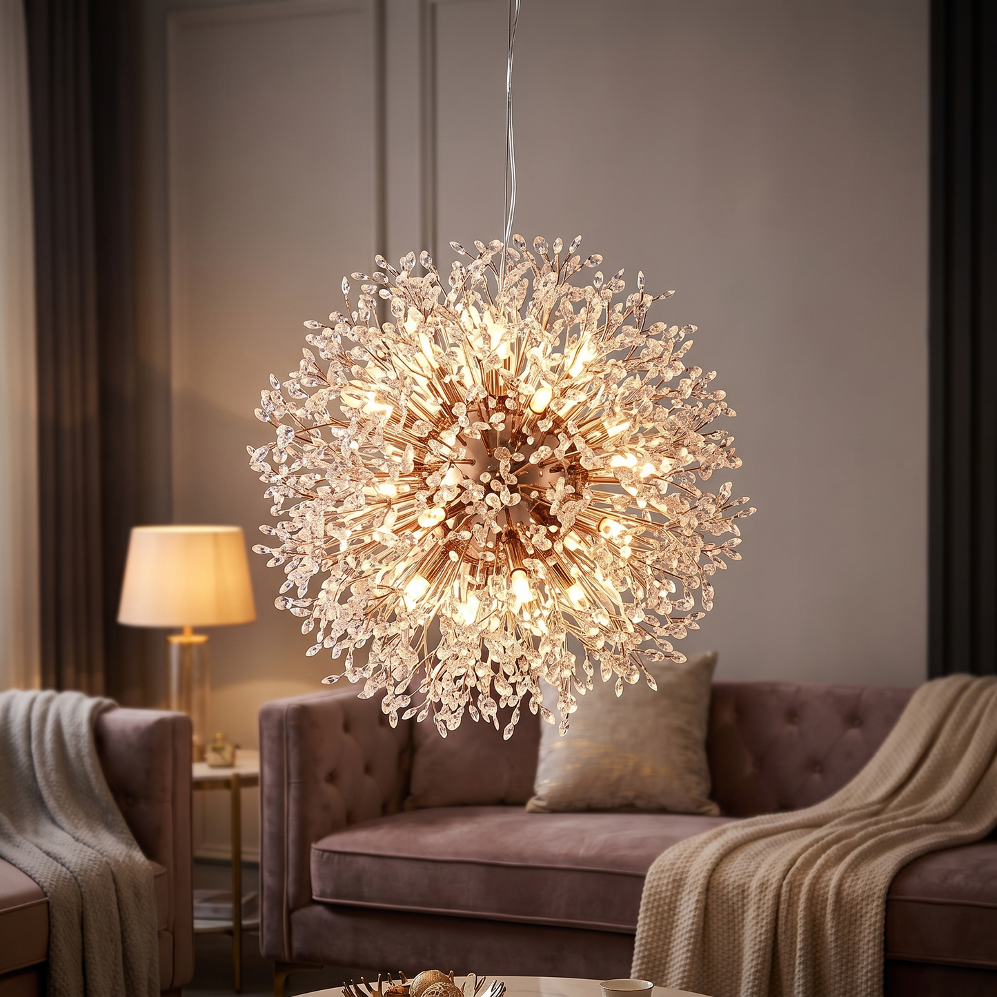 Dandelion crystal chandelier in a contemporary living room