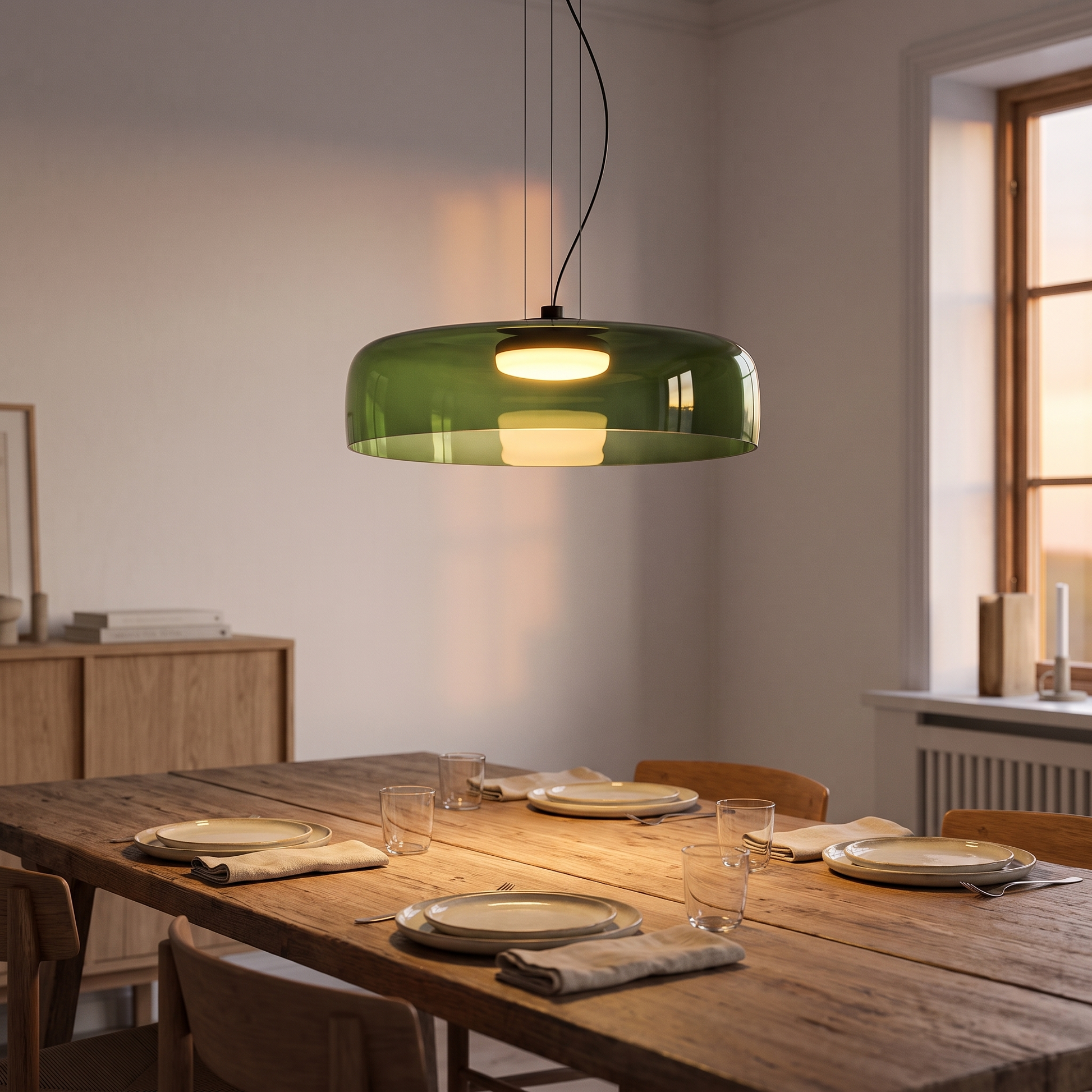 Nordic glass pendant light above a wooden dining table