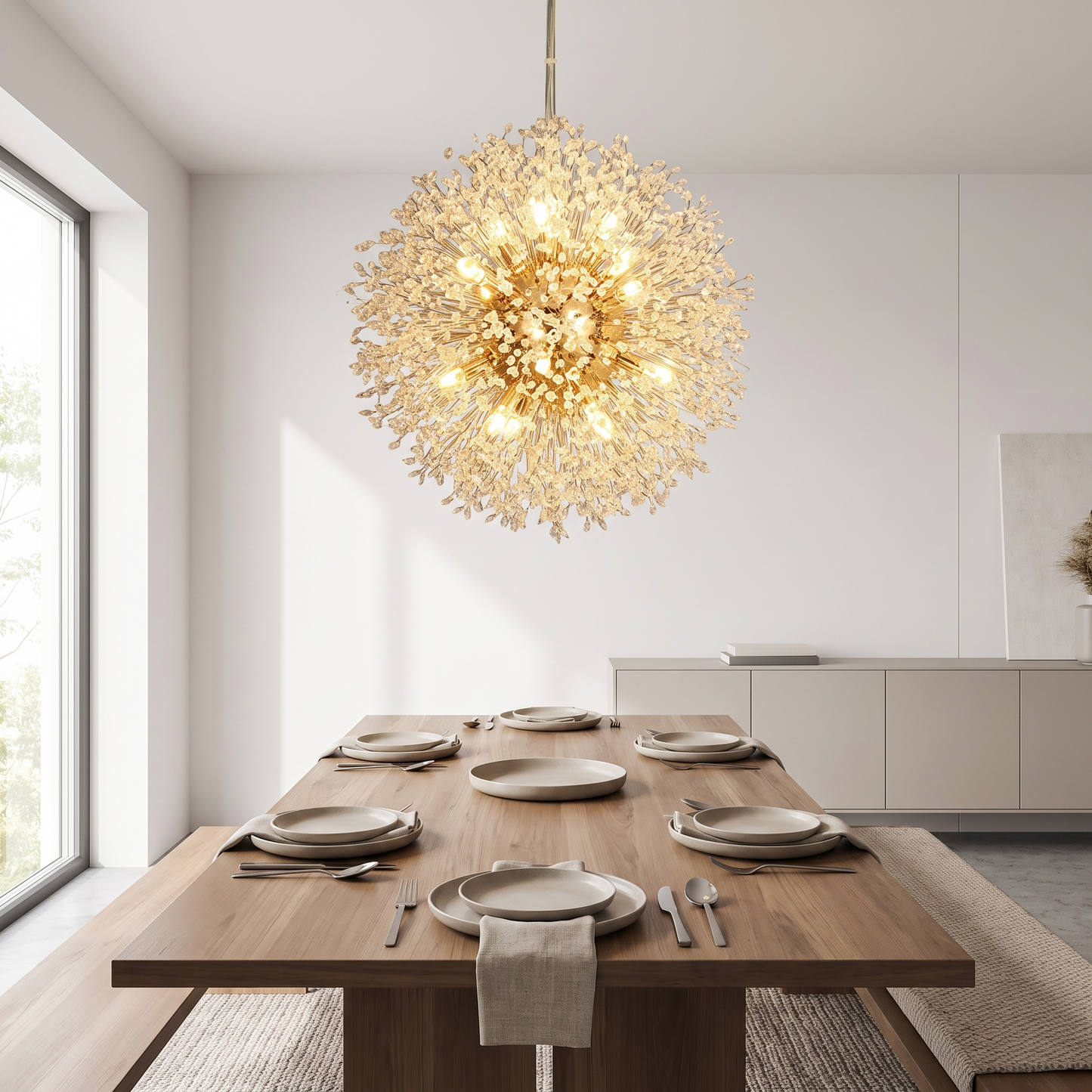 Dandelion crystal chandelier lit above a dining table