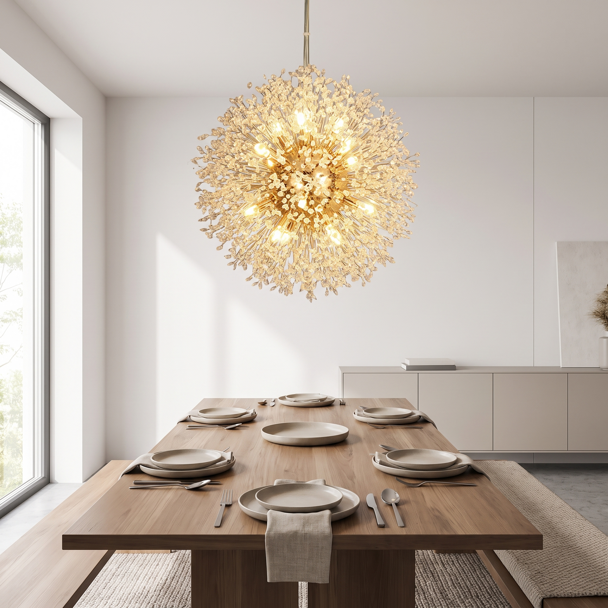 Dandelion crystal chandelier lit above a dining table