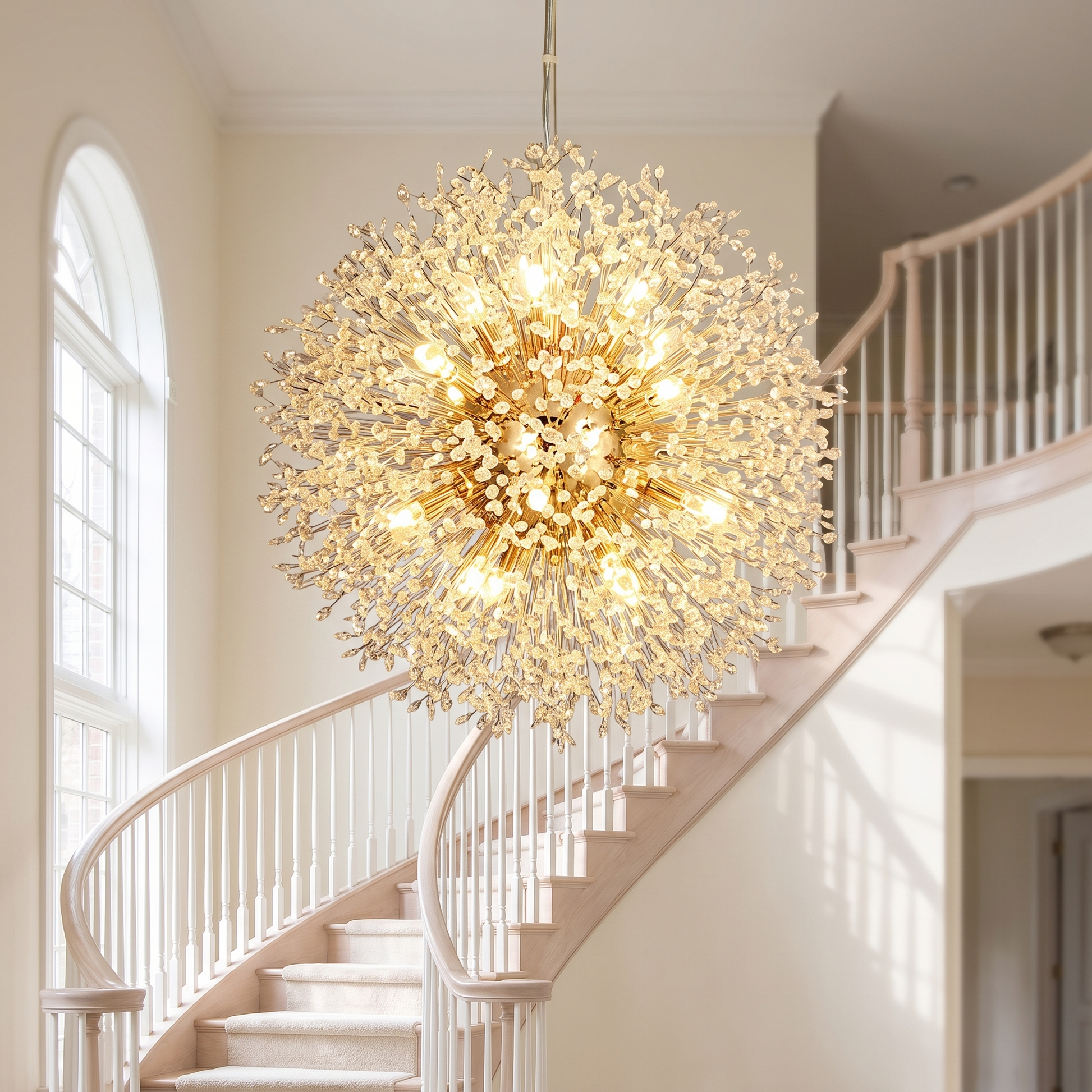 Dandelion crystal chandelier suspended in an entryway stairwell