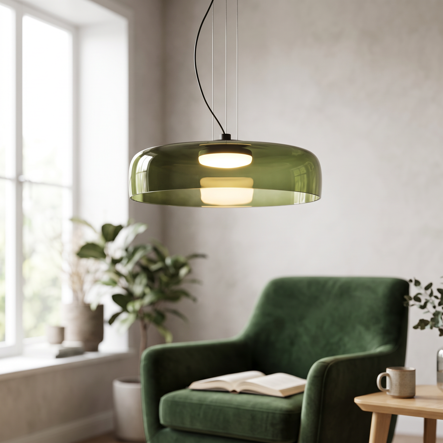 Nordic glass pendant light in a living room reading corner