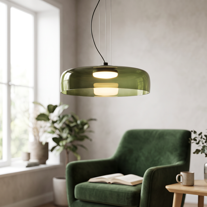 Nordic glass pendant light in a living room reading corner
