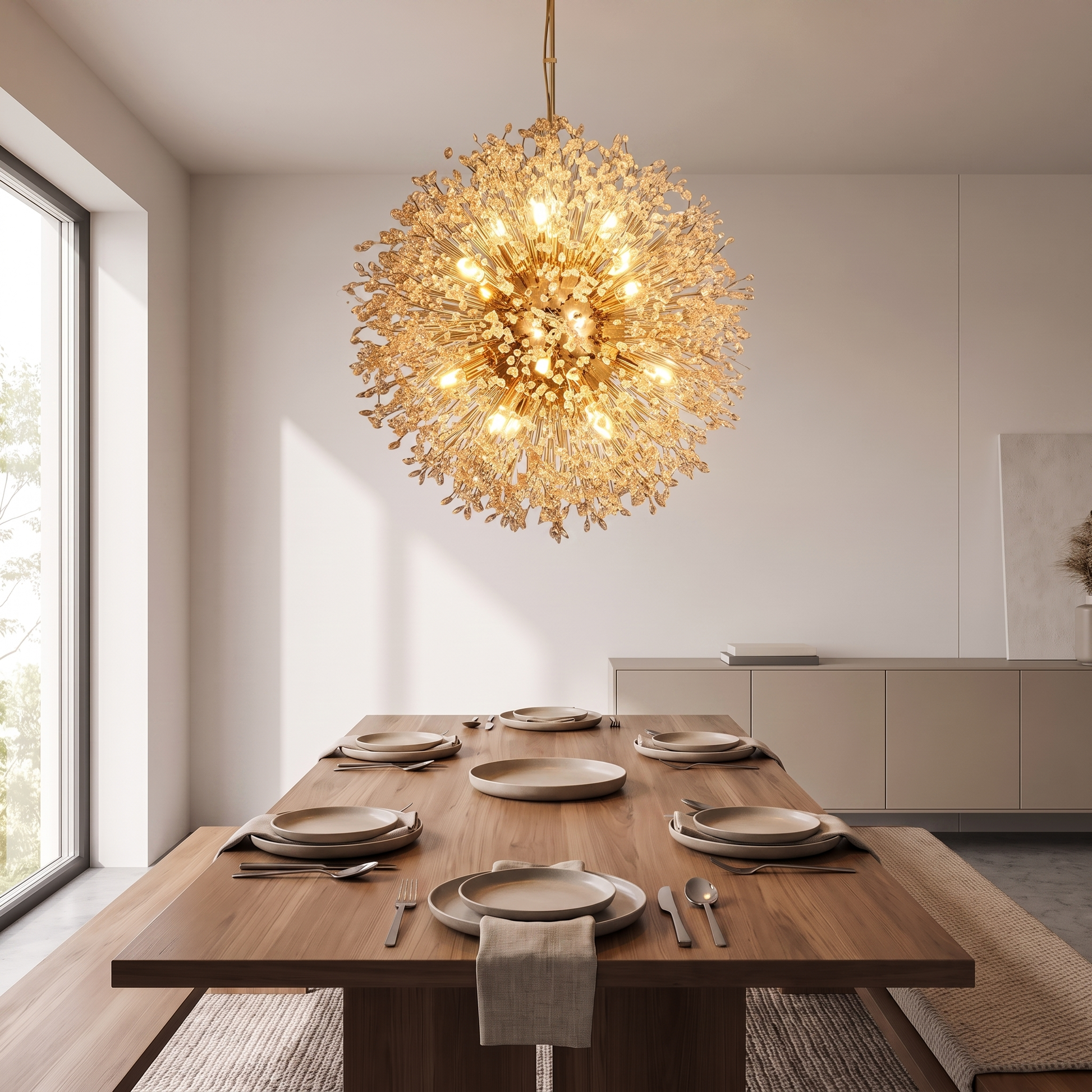 Dandelion Crystal Chandelier in gold finish above a walnut dining table