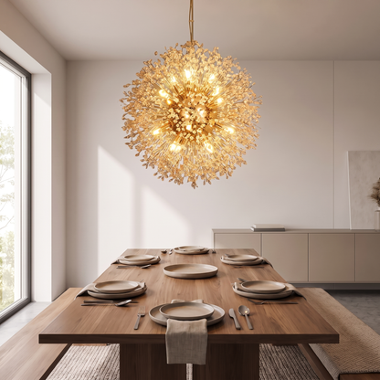 Dandelion Crystal Chandelier in gold finish above a walnut dining table