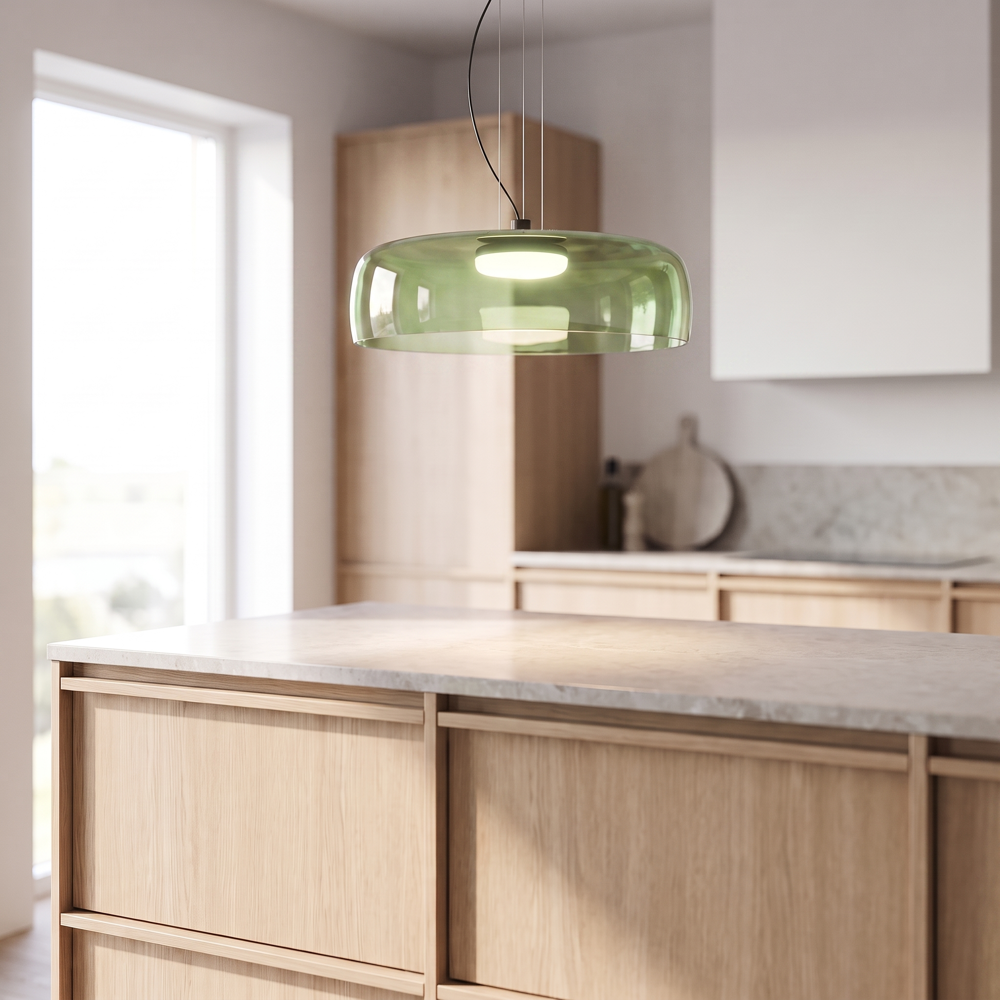 Nordic Glass Pendant Light in green over a Scandinavian kitchen island