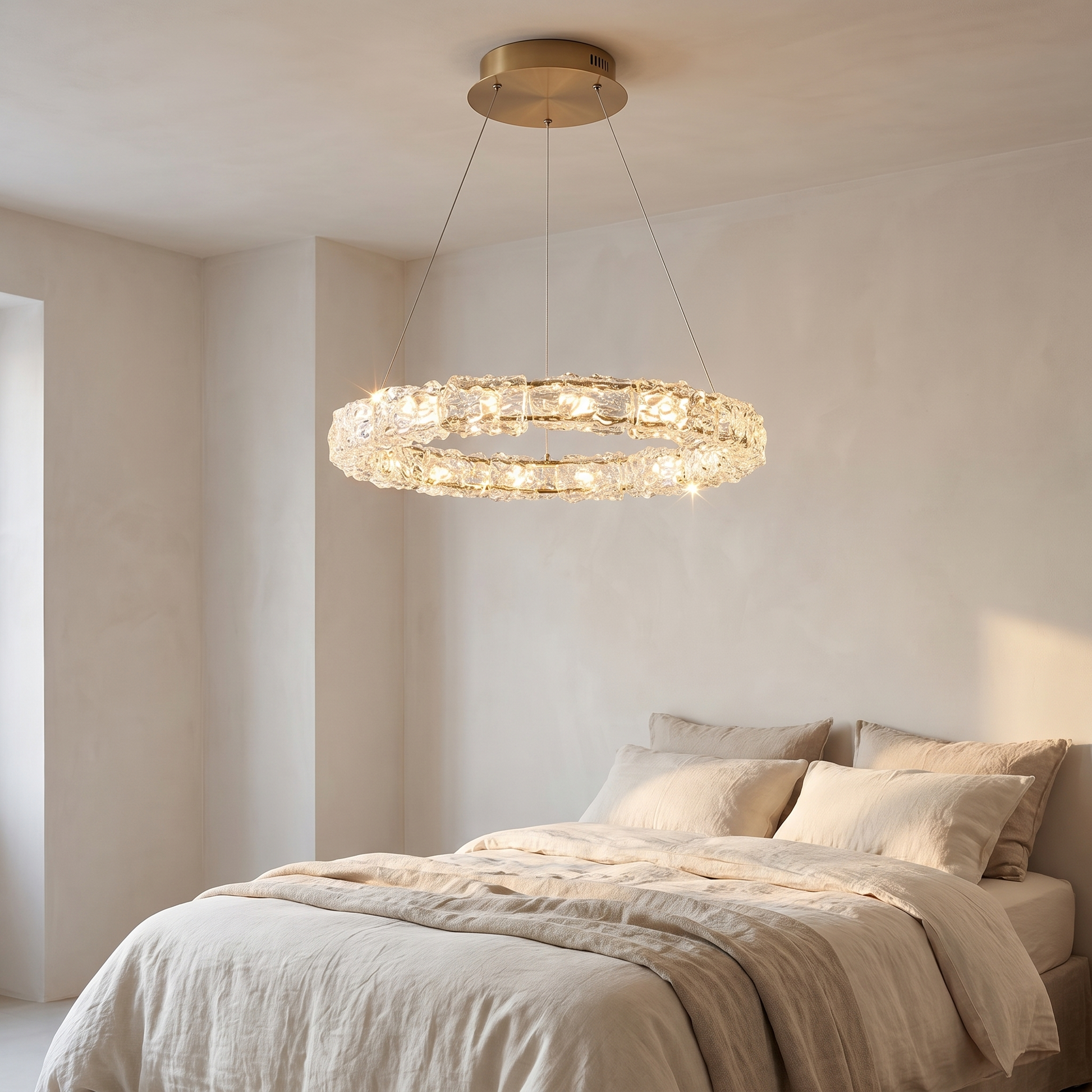Crystal ring chandelier in a minimalist bedroom