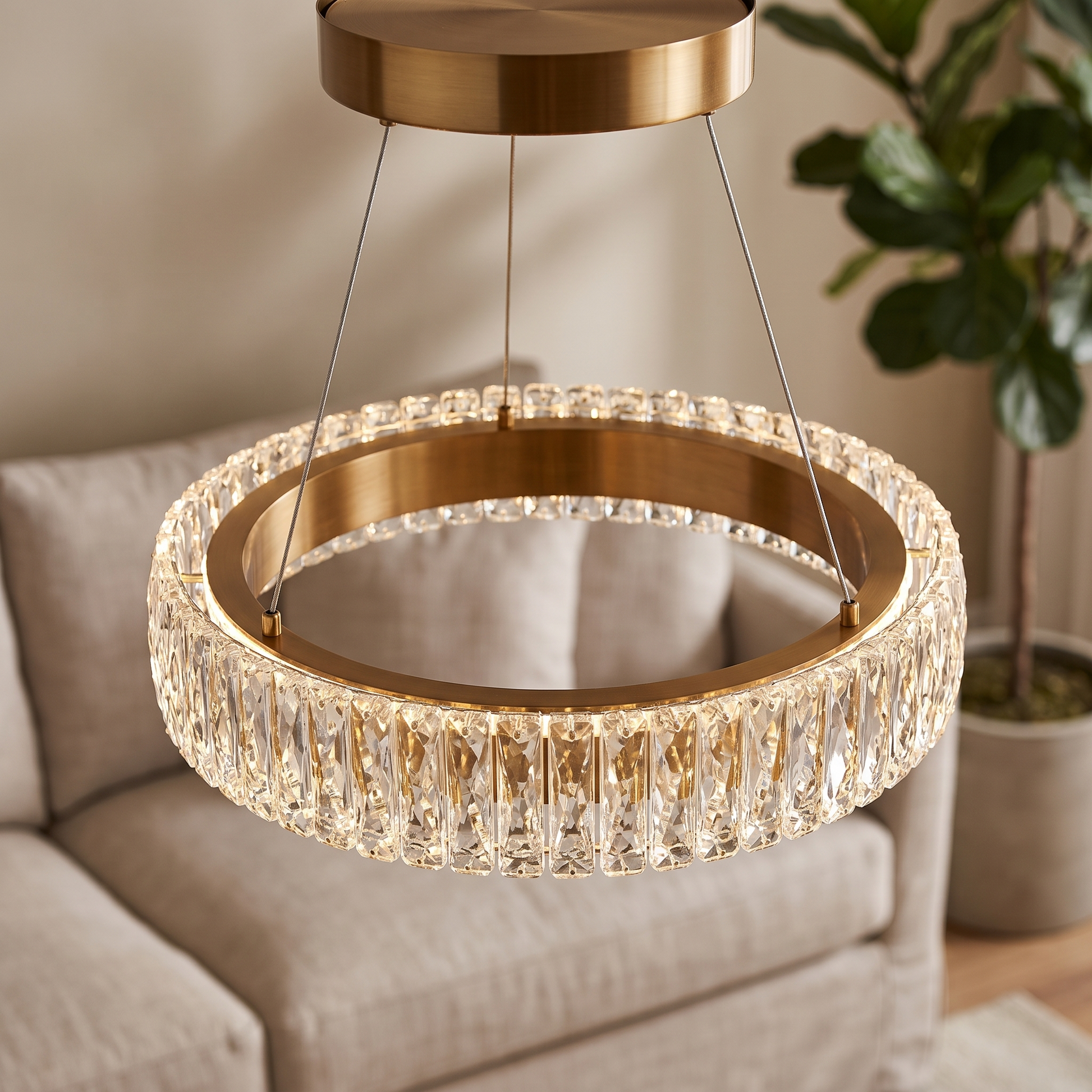 Close detail of the crystal ring chandelier