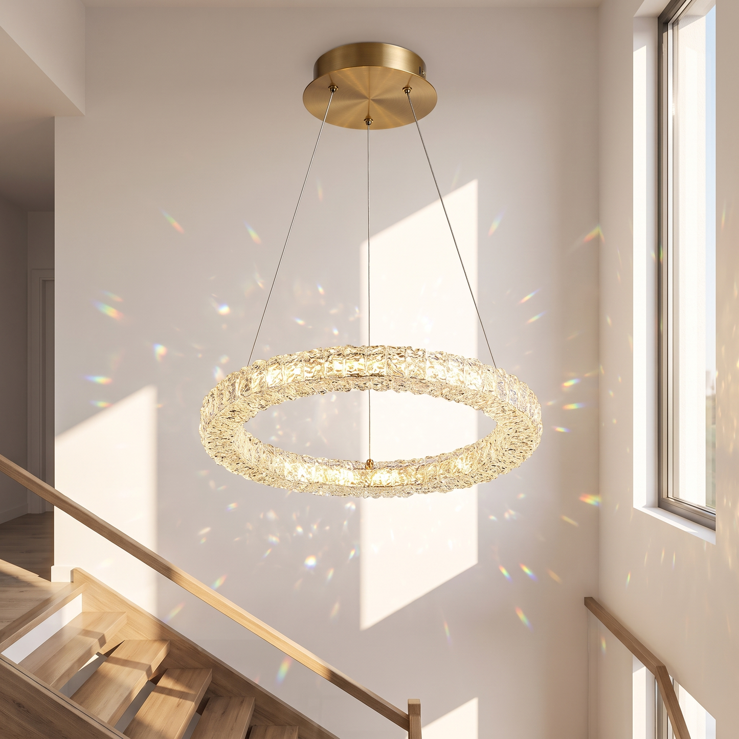 Crystal ring chandelier in a double-height stairwell