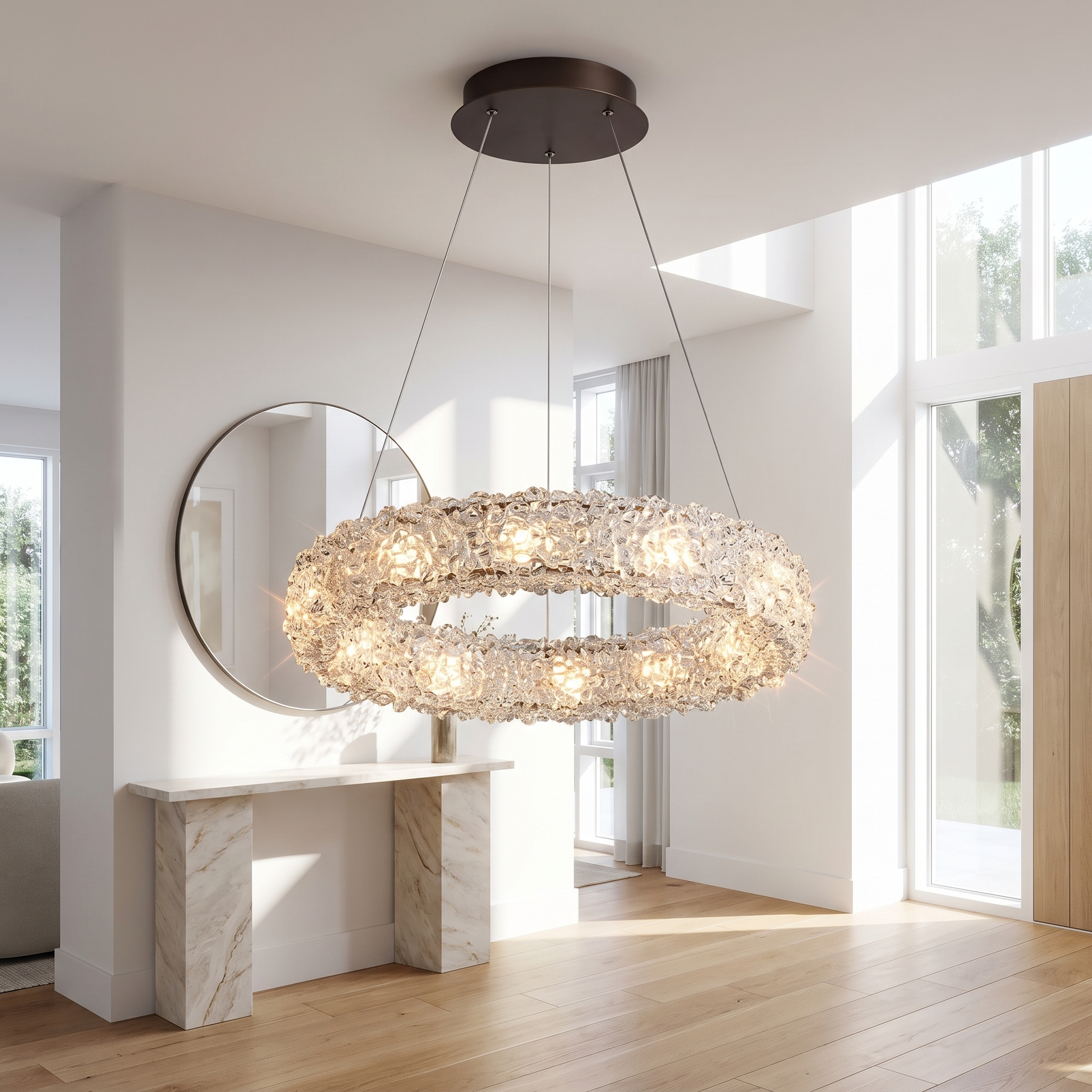 Crystal ring chandelier in a bright entryway above a marble console