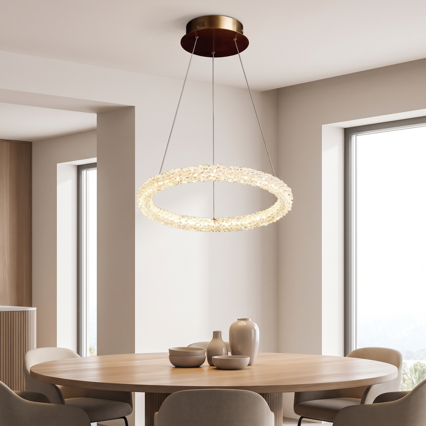 Crystal ring chandelier above a round dining table