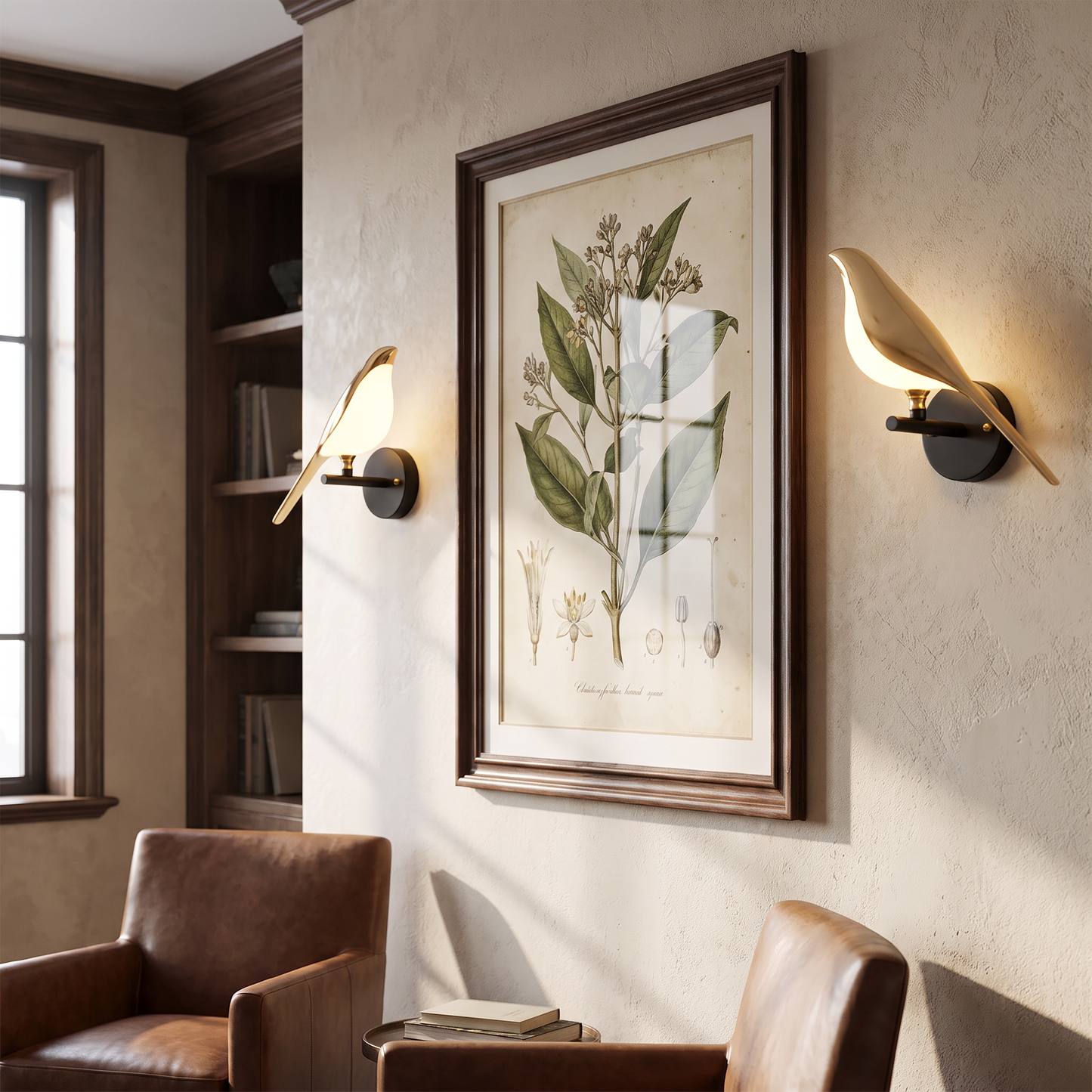 Pair of metal bird shape LED wall sconces flanking artwork in a study