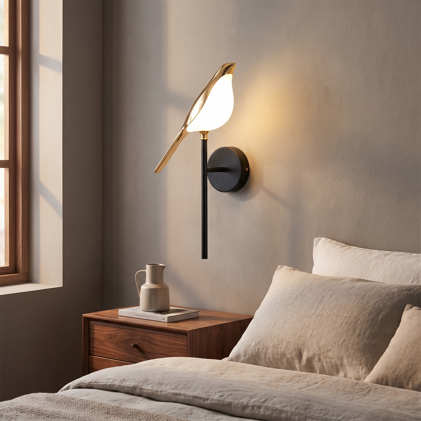Metal bird shape LED wall sconce above a bedside table
