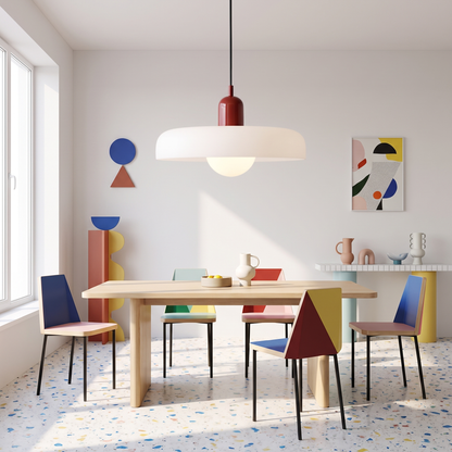 Memphis modern glass chandelier in white above a dining table
