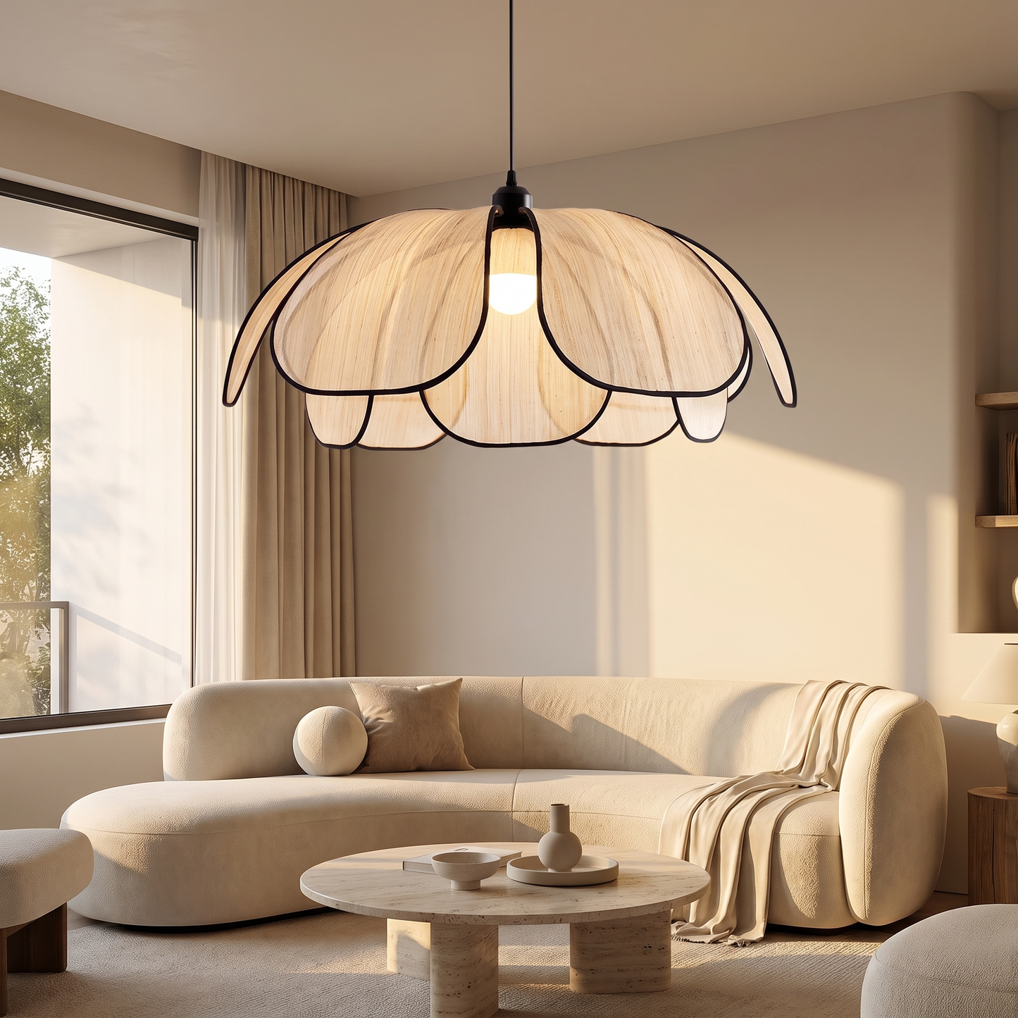 Cream style petal chandelier in a serene living room