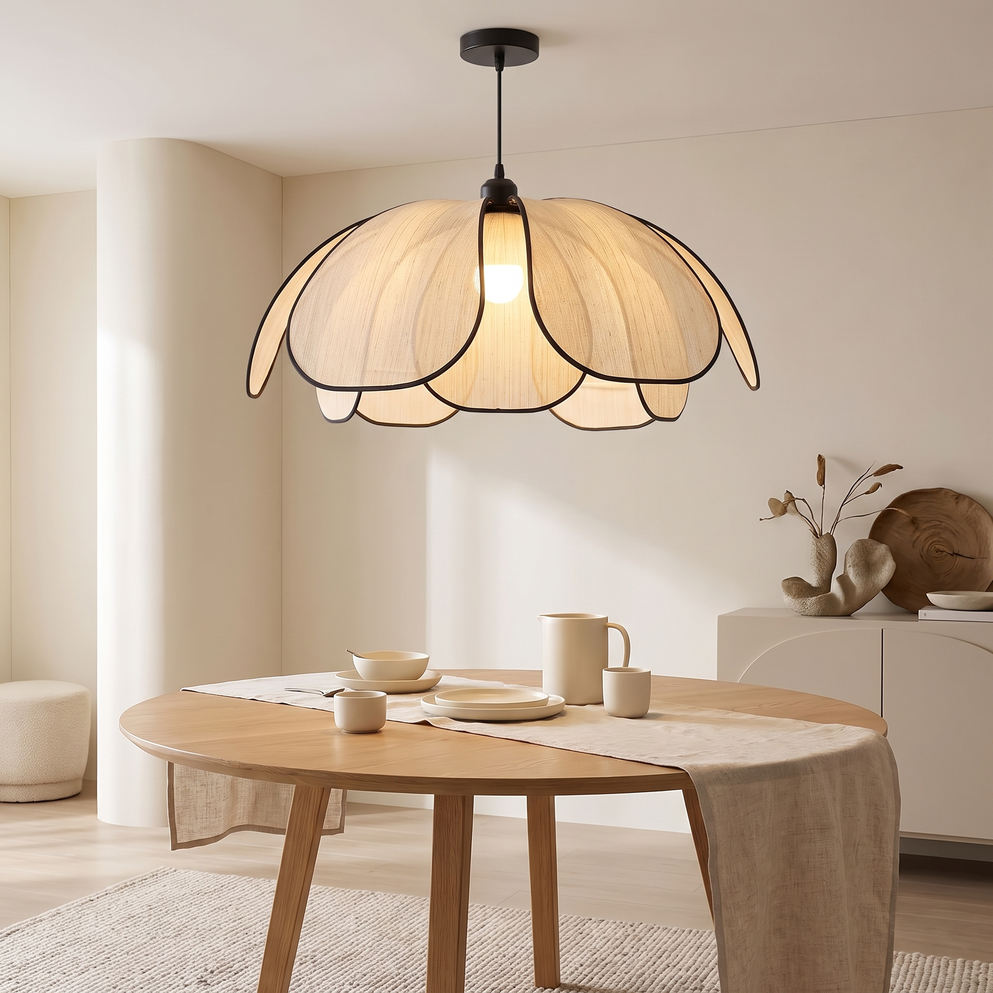 Cream style petal chandelier above a dining table