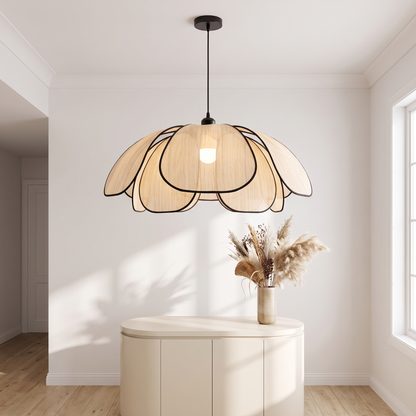 Cream style petal chandelier in a bright entryway