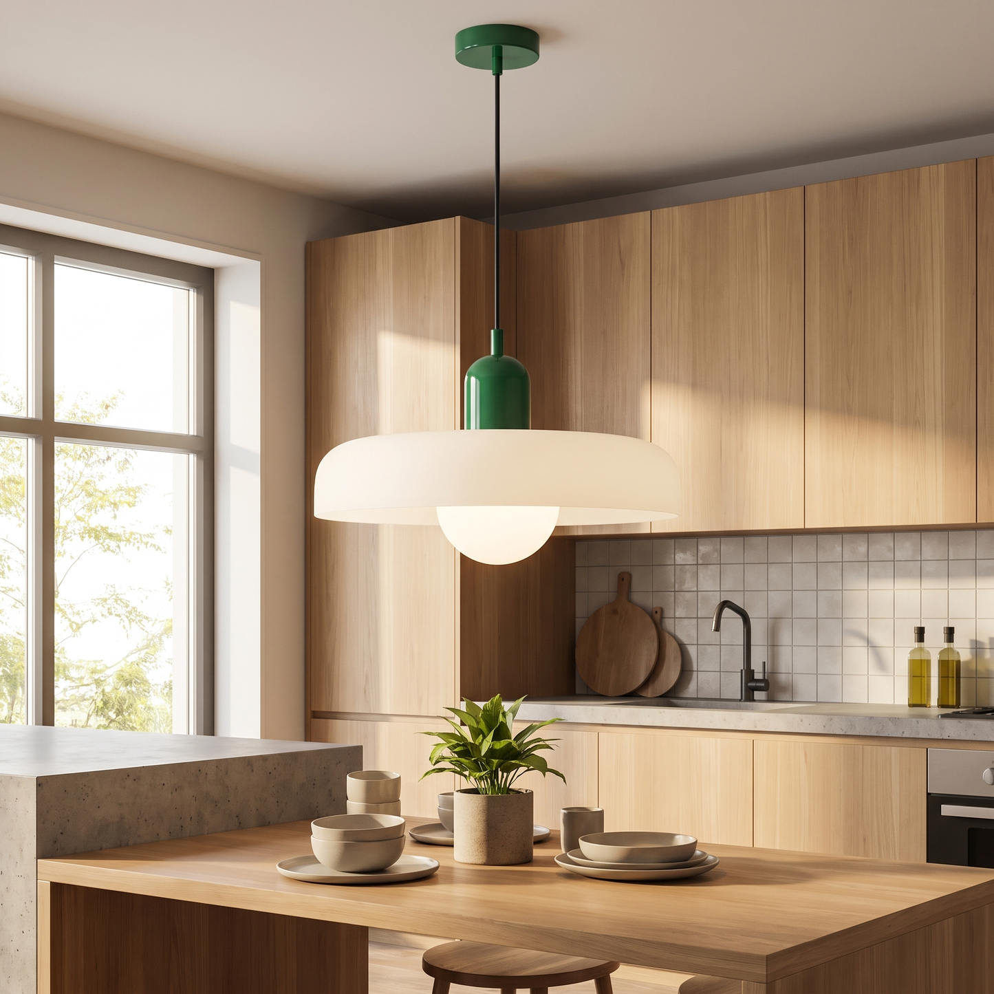 Memphis modern glass chandelier in green above a breakfast nook