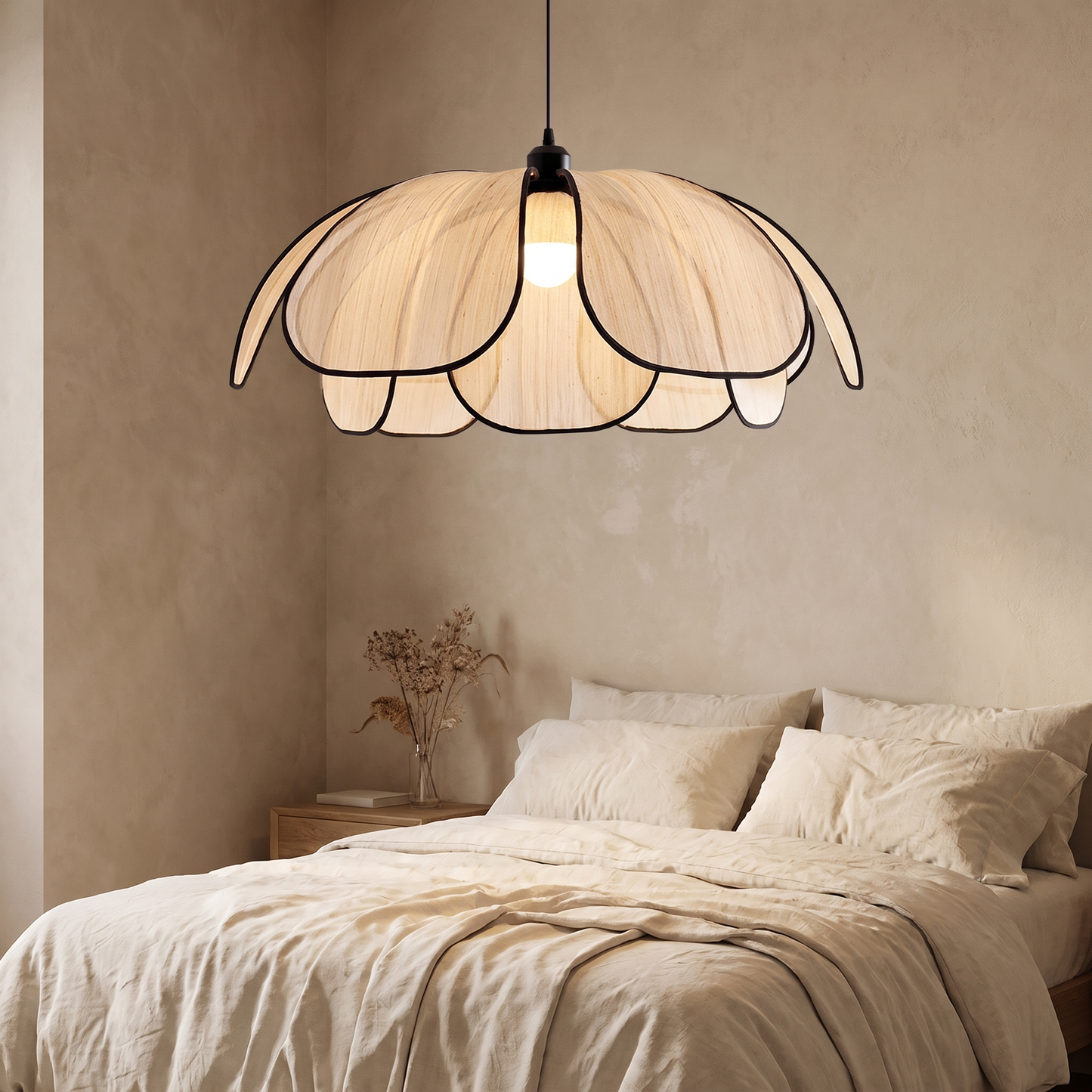 Cream style petal chandelier in a warm minimalist bedroom