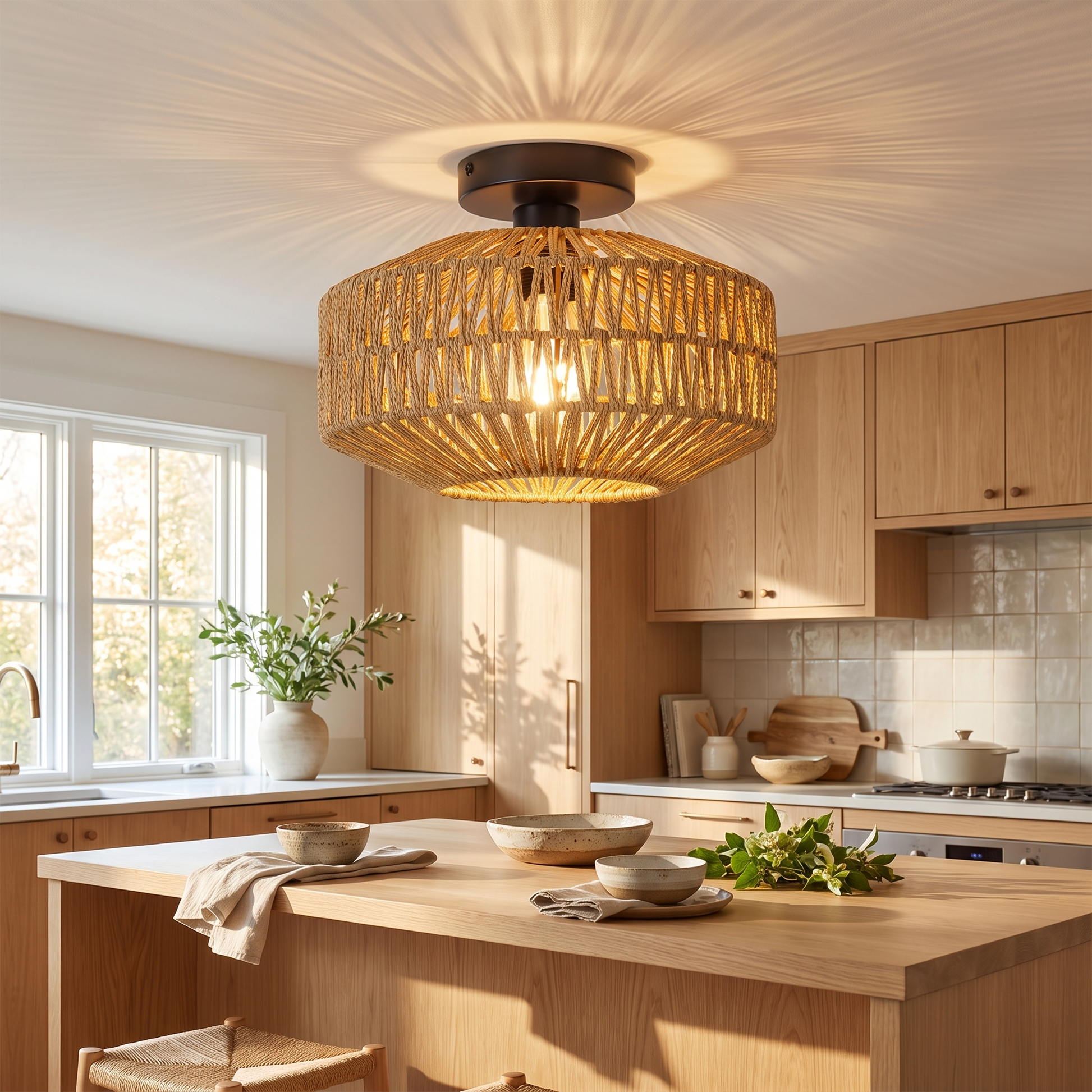 Rattan ceiling light above a kitchen island