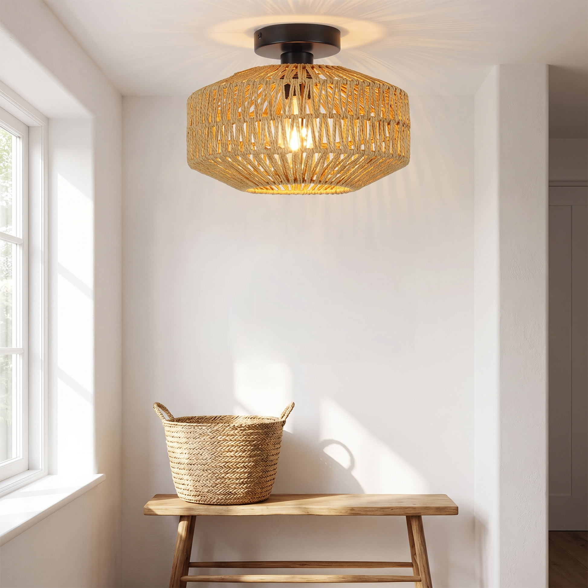 Rattan ceiling light in a bright entryway