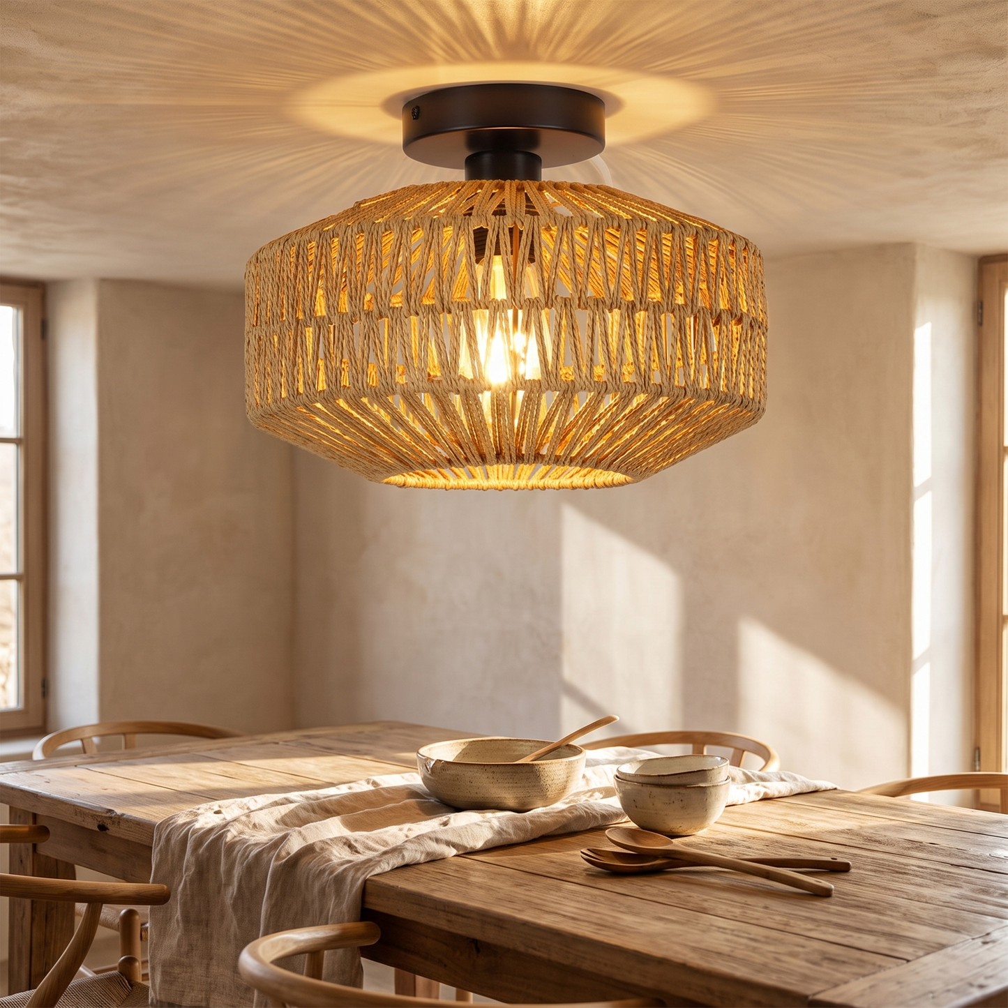 Rattan ceiling light above a rustic dining table