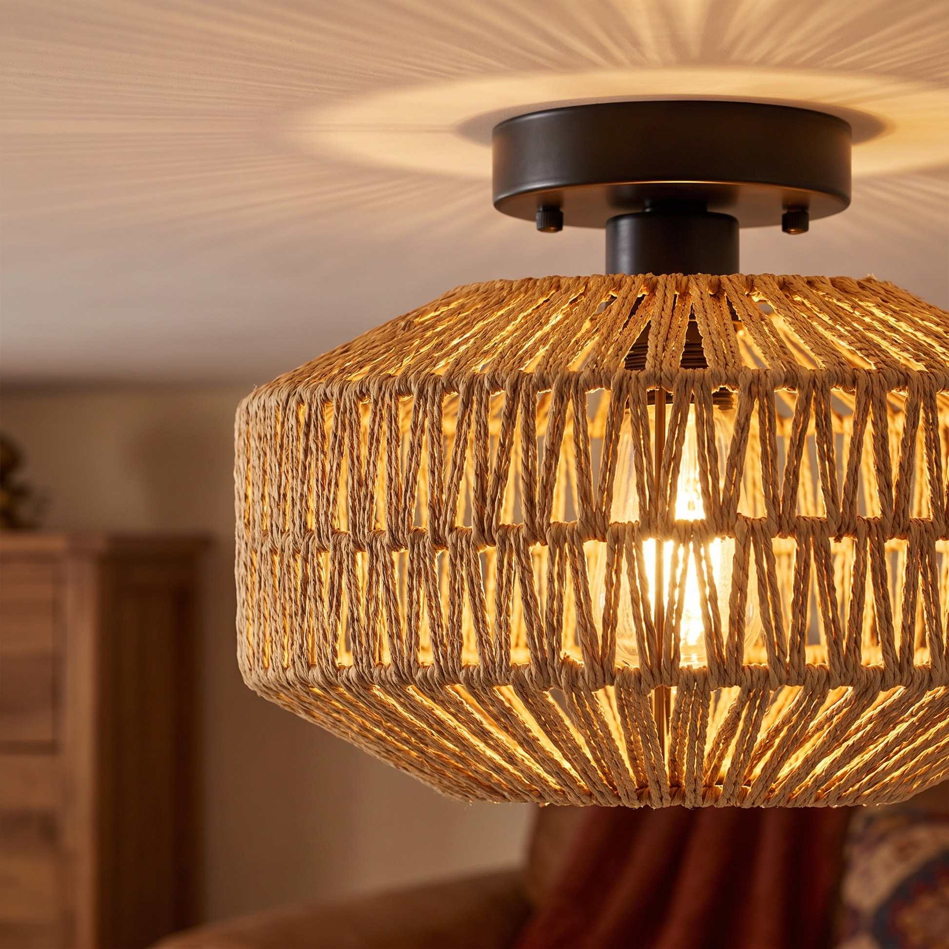 Close detail of the woven rattan ceiling light shade