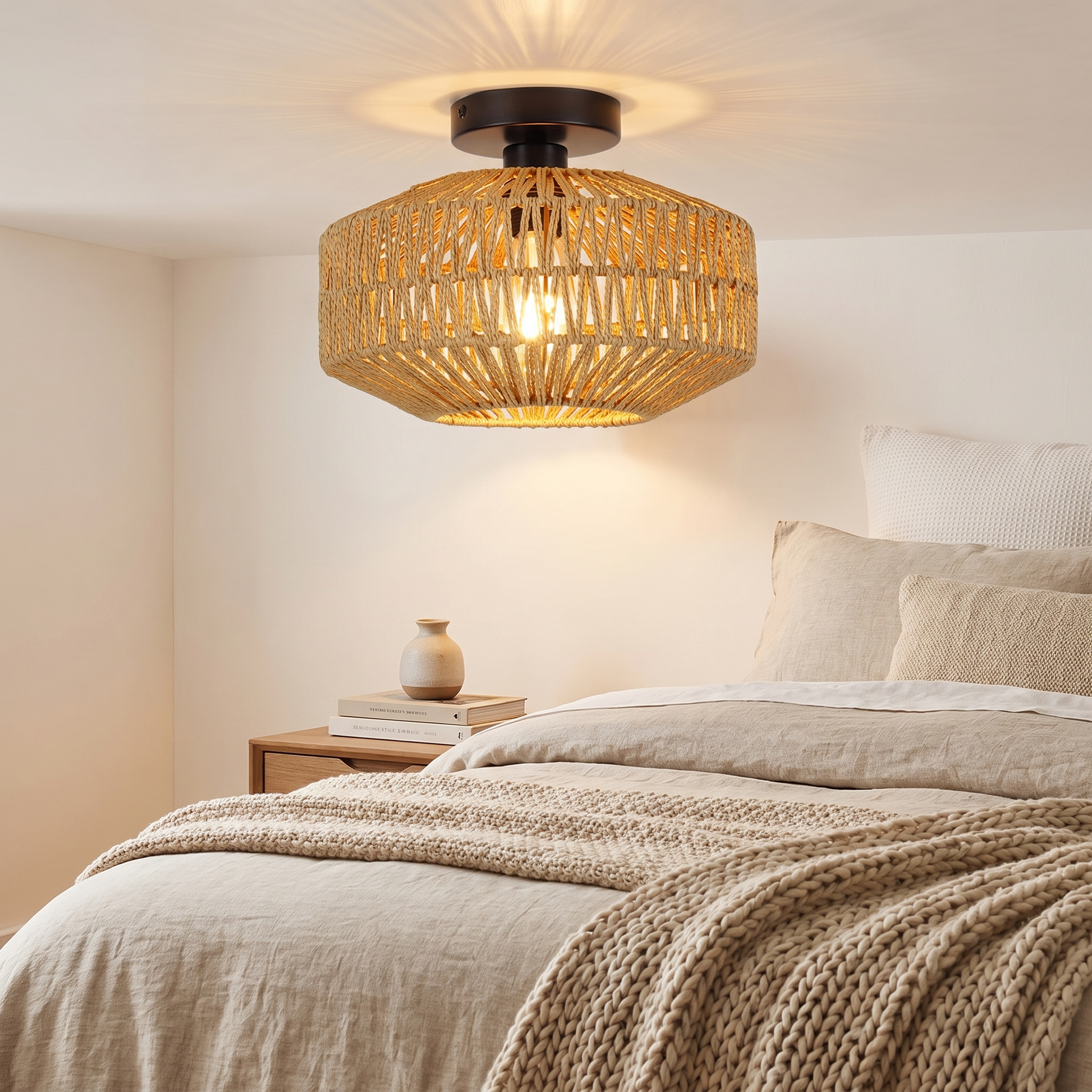Rattan ceiling light beside a bed in a natural toned bedroom