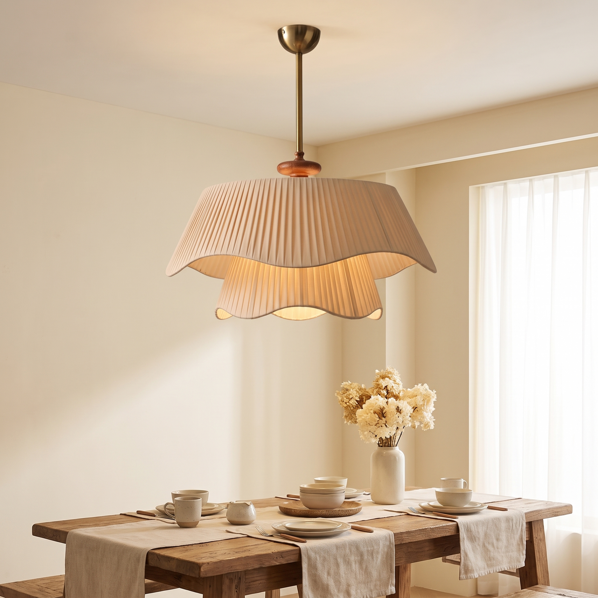 Cream style chandelier in beige above a dining table