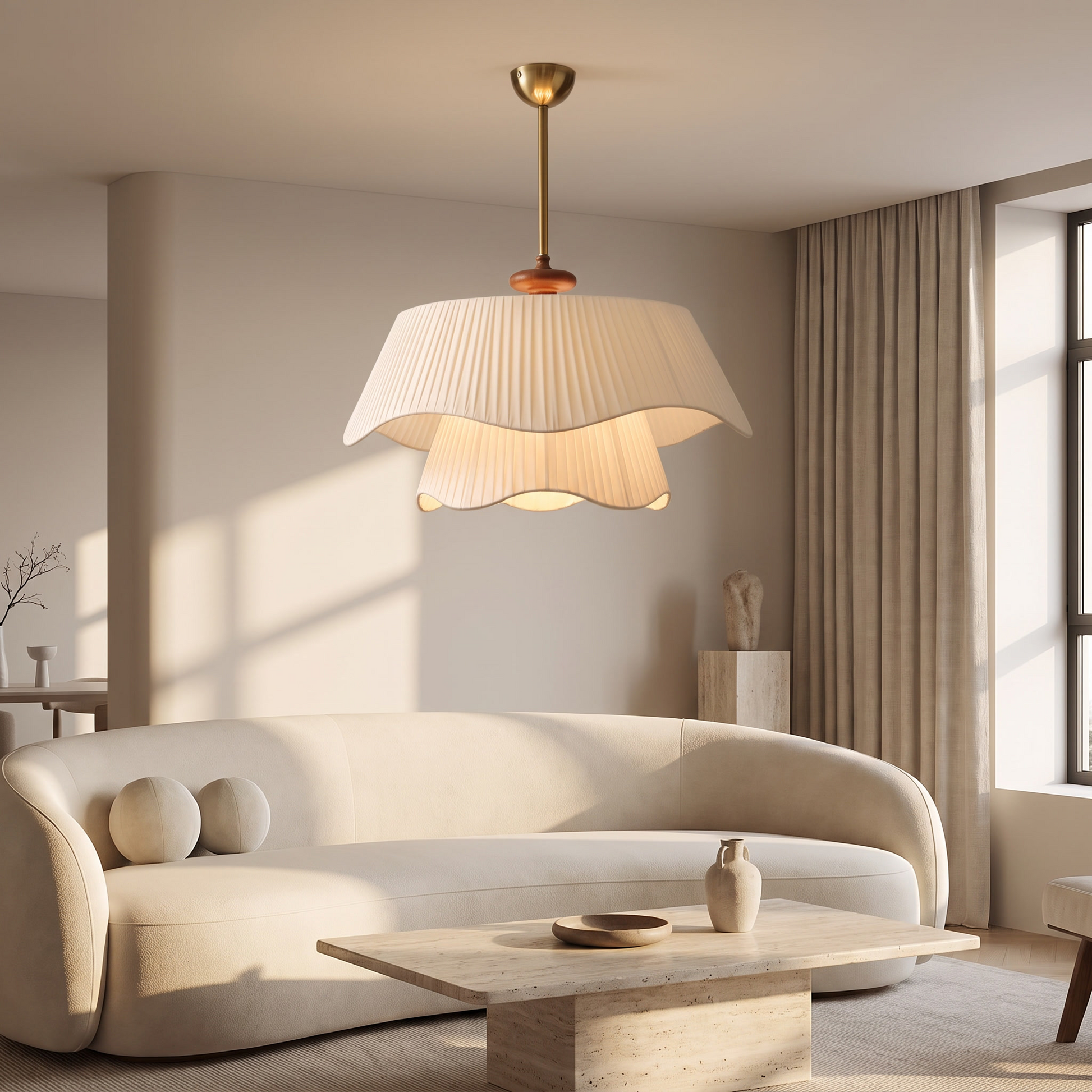 Cream style chandelier in a serene living room