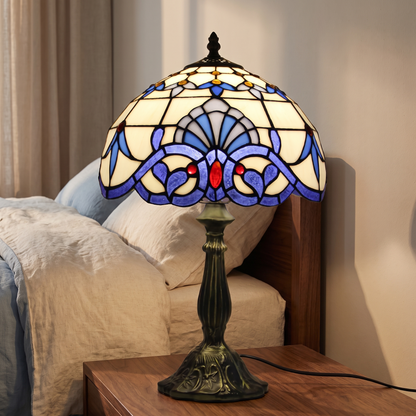Bedside table lamp on a nightstand in a modern bedroom
