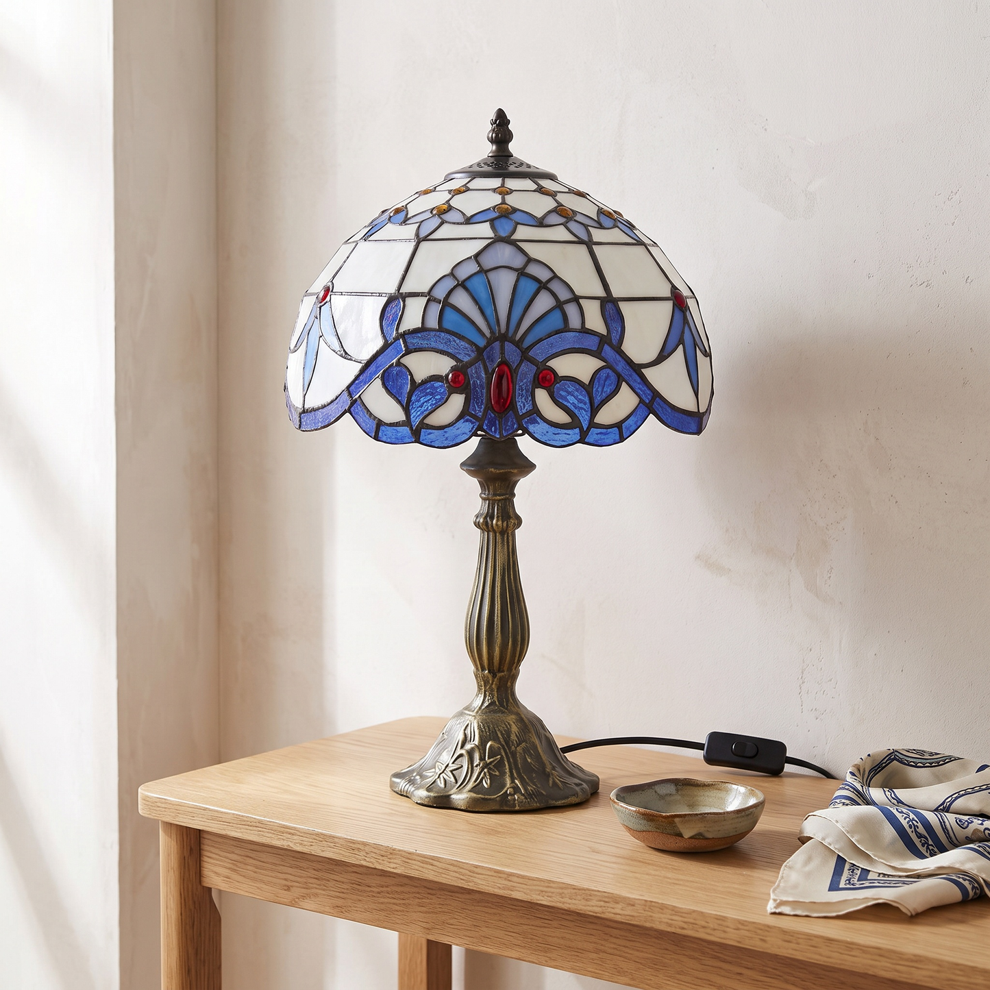 Bedside table lamp on an entryway console