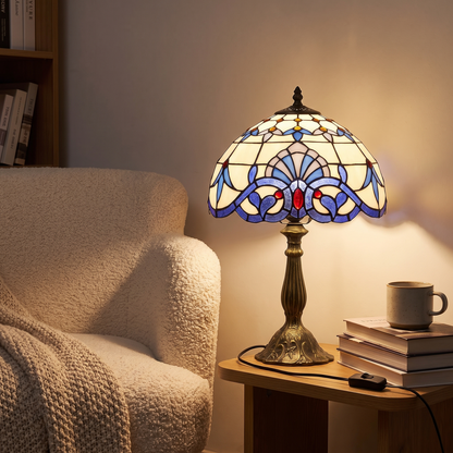 Bedside table lamp beside an armchair in a reading corner