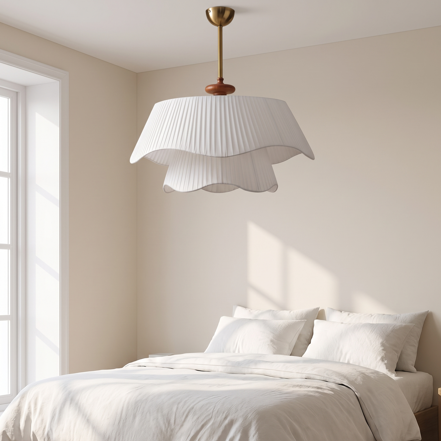 Cream style chandelier in white in a bright bedroom
