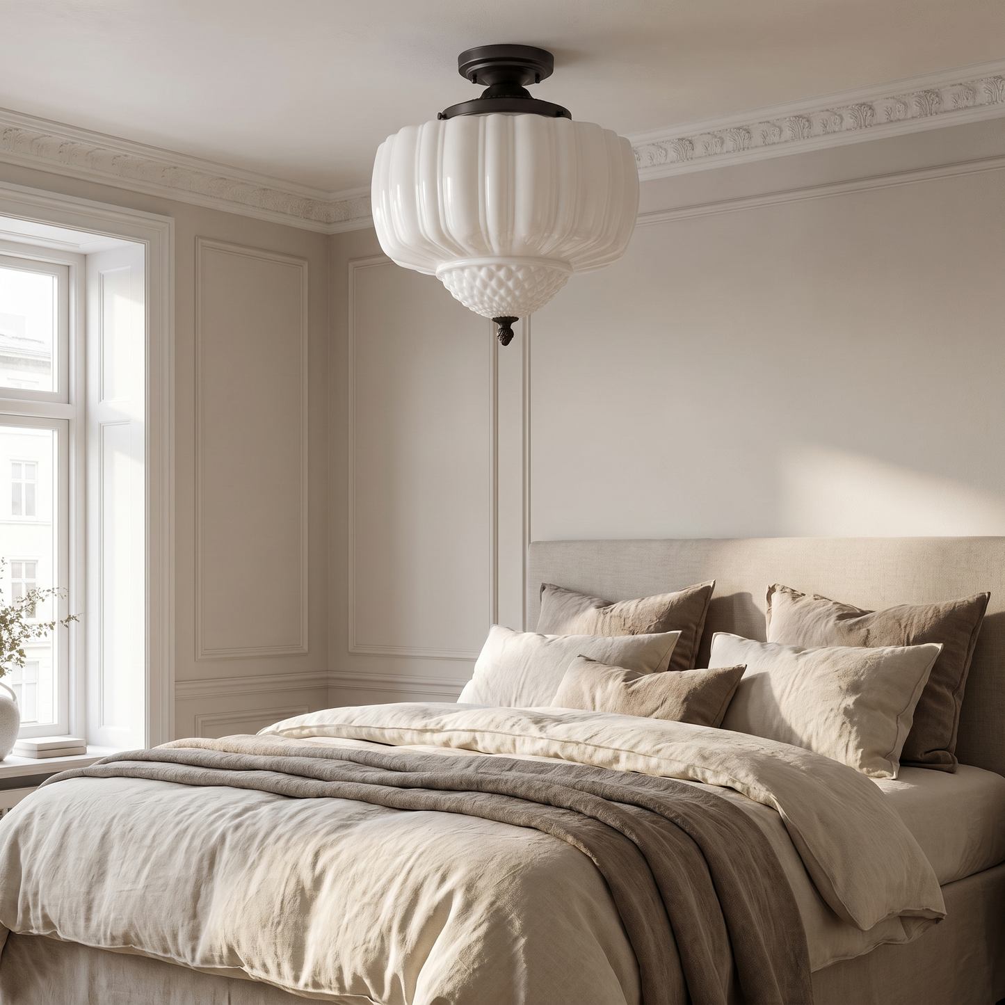 Marlo vintage French glass ceiling light in a classic modern bedroom