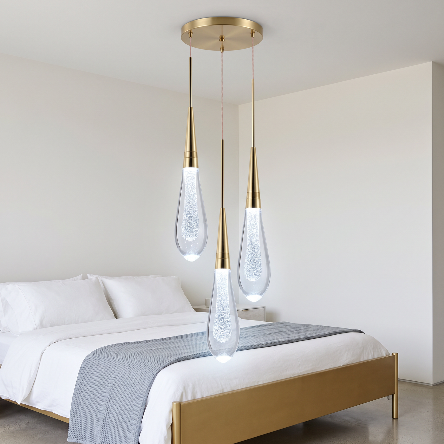 Postmodern crystal pendant light with cool white light in a bedroom
