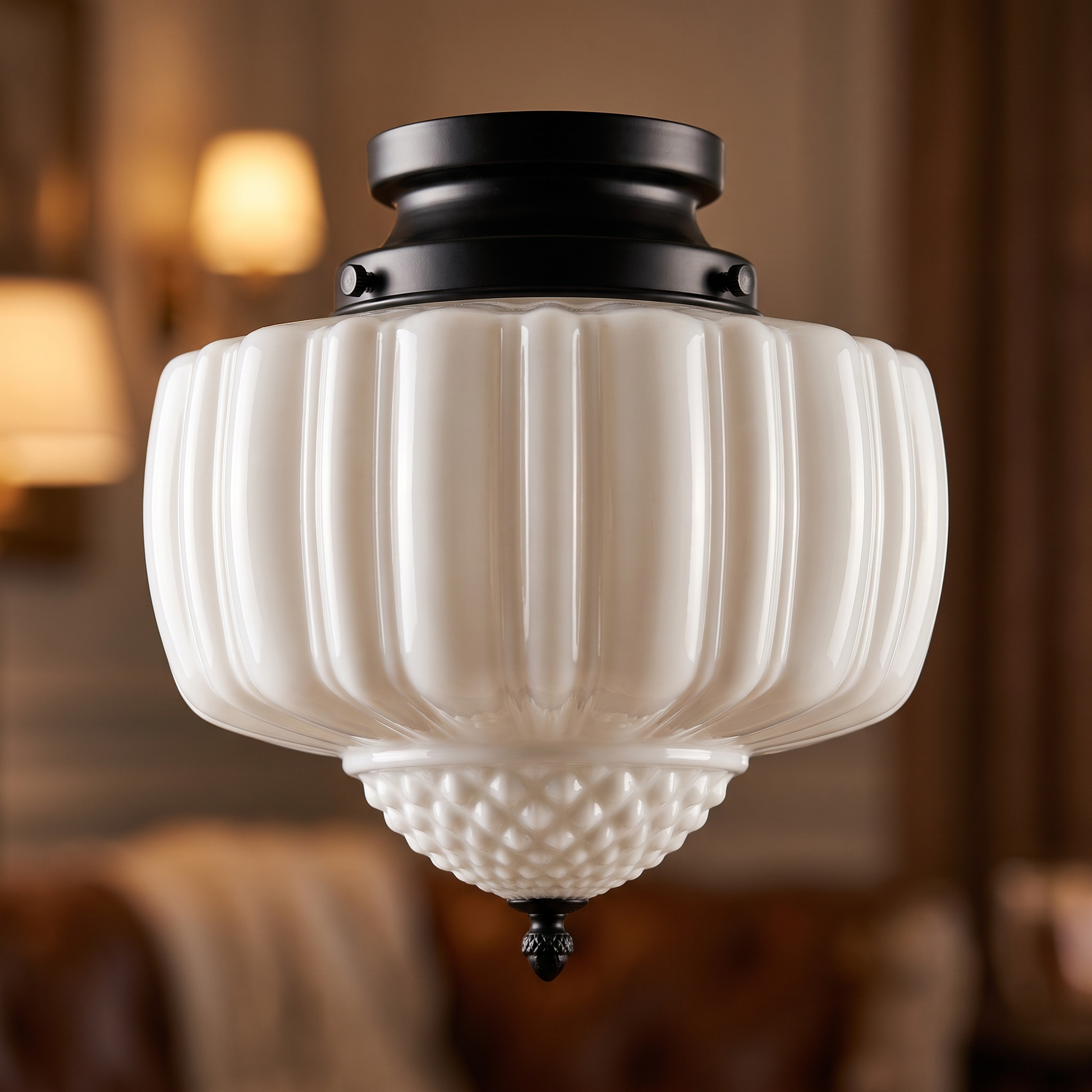 Close detail of the Marlo vintage French glass ceiling light