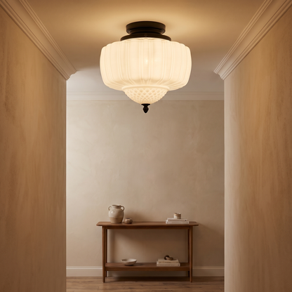 Marlo vintage French glass ceiling light in a warm hallway